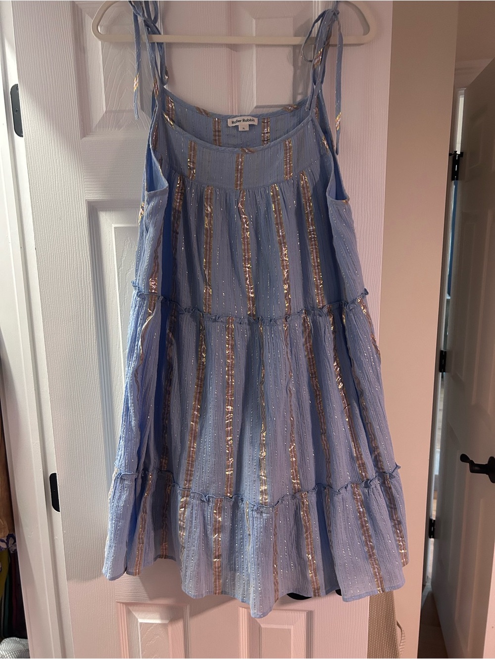 Roller Rabbit Light Blue Metallic Stripe Tie-Shoulder Dress
